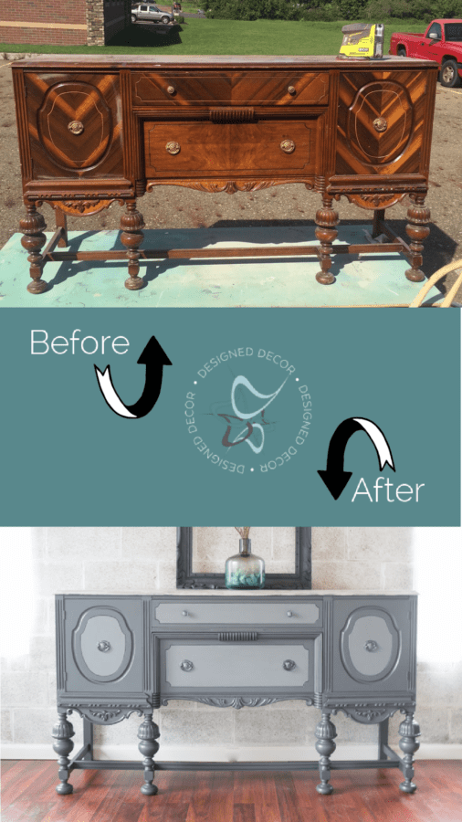 before and after buffet photo of a lime painted furniture