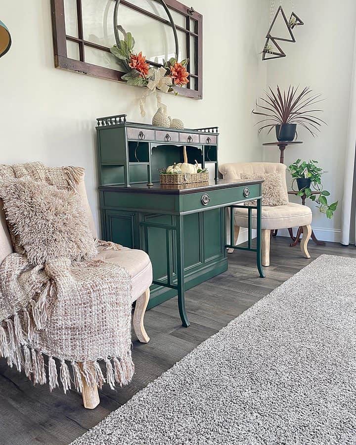 green painted desk with 2 matching accent chairs