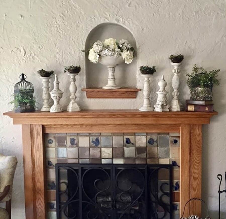 fireplace mantle with spring decor