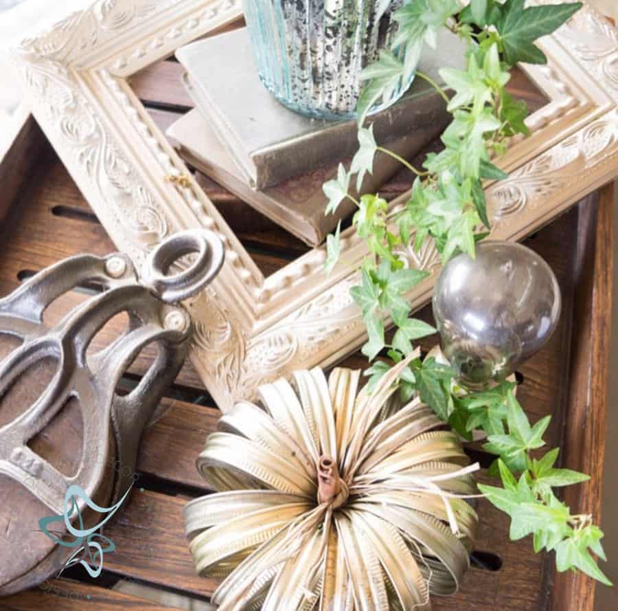 serving tray vignette decorated for fall