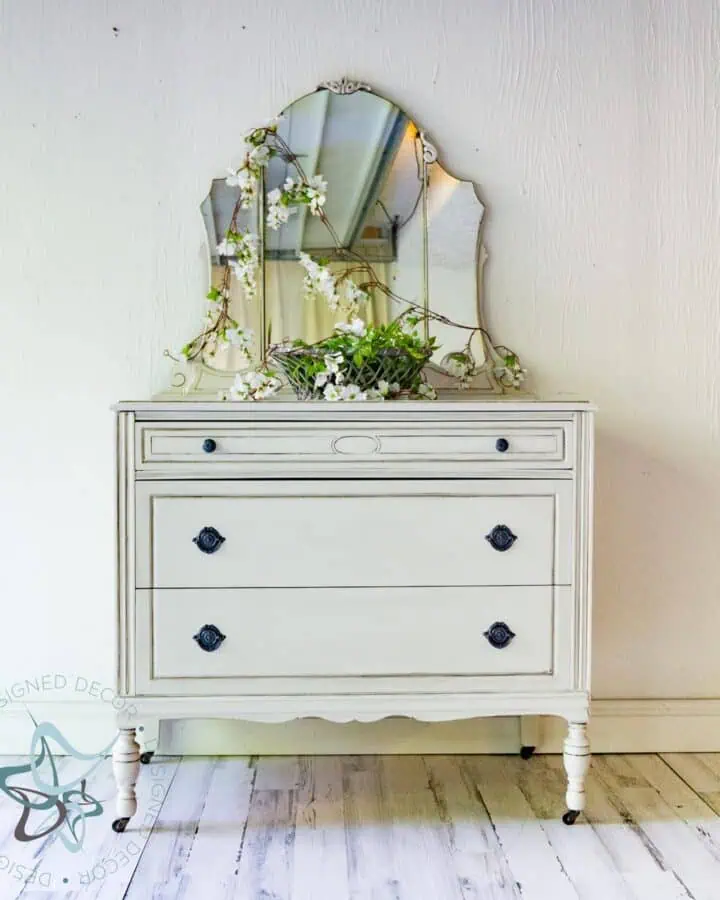antique 3 drawer dresser with scalloped mirror painted in white furniture paint